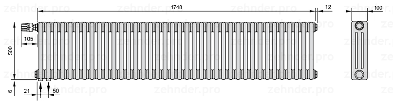 Схема (чертеж) Радиатор Zehnder Charleston 3050/38 №V001 Белый глянцевый RAL 9016